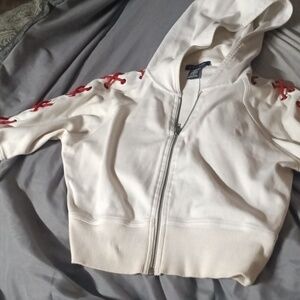 White Zip Up Hoodie with Red Lace Up 3/4 Sleeves